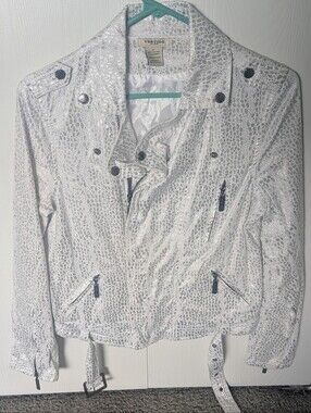 Women's Vertigo Paris White Metallic Animal-Print Moto Jacket size M